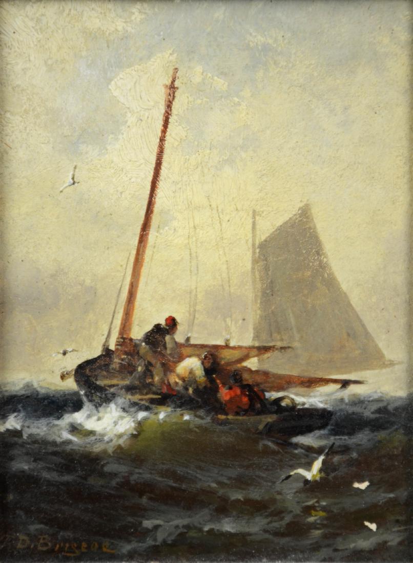 Franklin Dullin Briscoe "Dropping the Sails": Franklin Dullin Briscoe (American, 1844-1903) "Dropping the Sails", oil on board, signed "F.D. Briscoe", 5-1/2" x 4-1/4", framed 9" x 7-1/2", very good condition