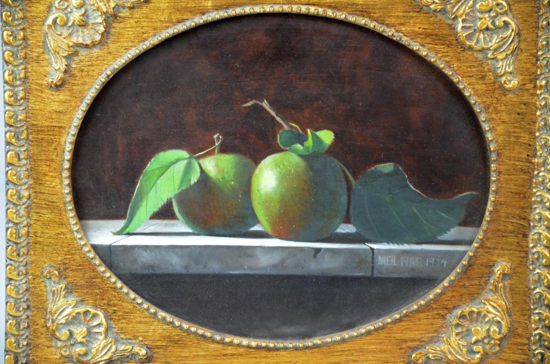 Michael Joseph Molnar Still Life Painting of Apples: Michael Joseph Molnar (American, b. 1948), PA artist, Still Life with Apples, oil on panel, signed "Molnar 1974", 8" x 10", framed 10-1/2" x 12-1/2", very good condition