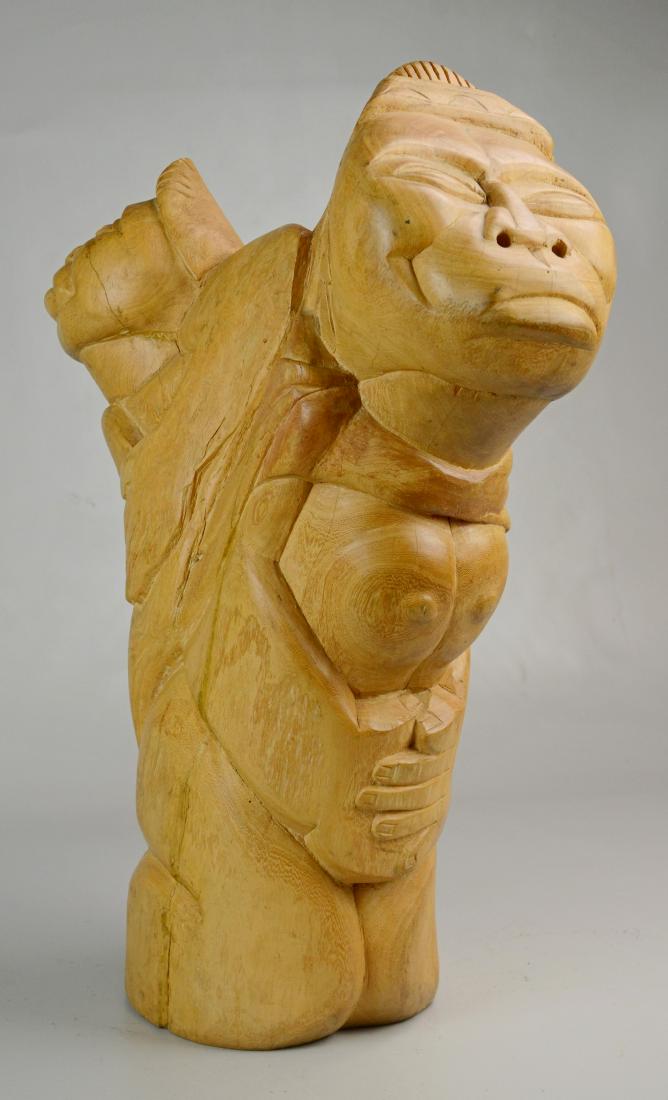 Jose Chavez Morado Wood Carving Native American Mother: Jose Chavez Morado (Mexican, 1909-2002) wood carving of Native American mother & child, signed "J. C. Morado", 21-1/2"h, good condition with natural stress cracks