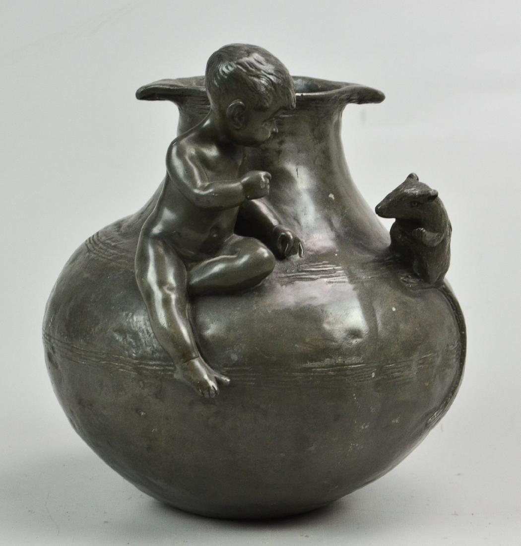 Hans Stoltenberg - Lerche, German, 1867-1920, bronze: Hans Stoltenberg - Lerche, German, 1867-1920, bronze vase with mouse and cherub sitting on top of shoulder of the bulbous body, rim with double table handle, incised signature "H.S. Lerche / Paris", 8