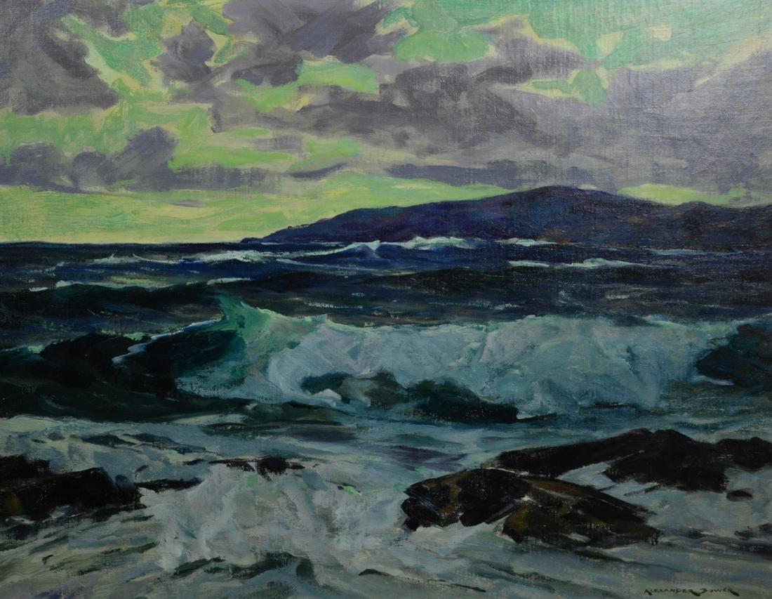 Alexander Bower, Painting "Maine Seascape": Alexander Bower (American, 1875-1952), painting "Maine Seascape" oil on canvas, signed lower right. 28"x36", 34 1/4"x42 1/4" framed. VG condition, professionally restored and relined.