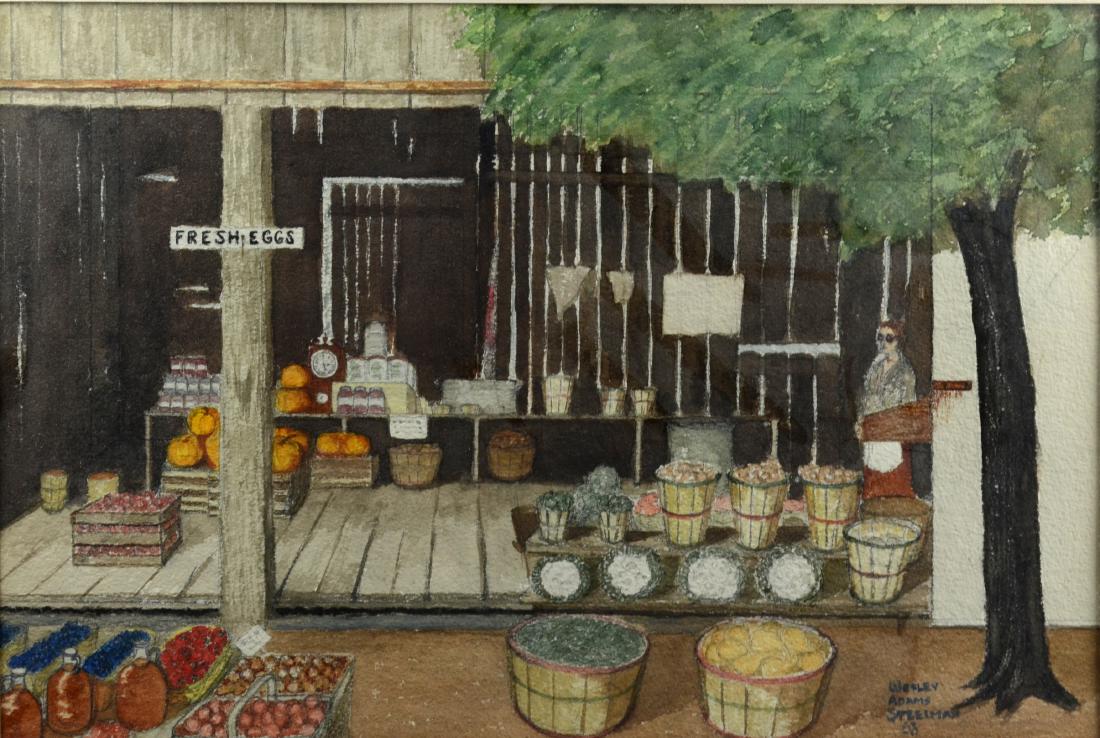 Wesley Adams Steelman, American, w/c, "Fresh Eggs": Wesley Adams Steelman, American, PA, 20th c, w/c, "Fresh Eggs", 13 5/8" x 20 1/2" sight size, s&d lower right, '63, matted and framed