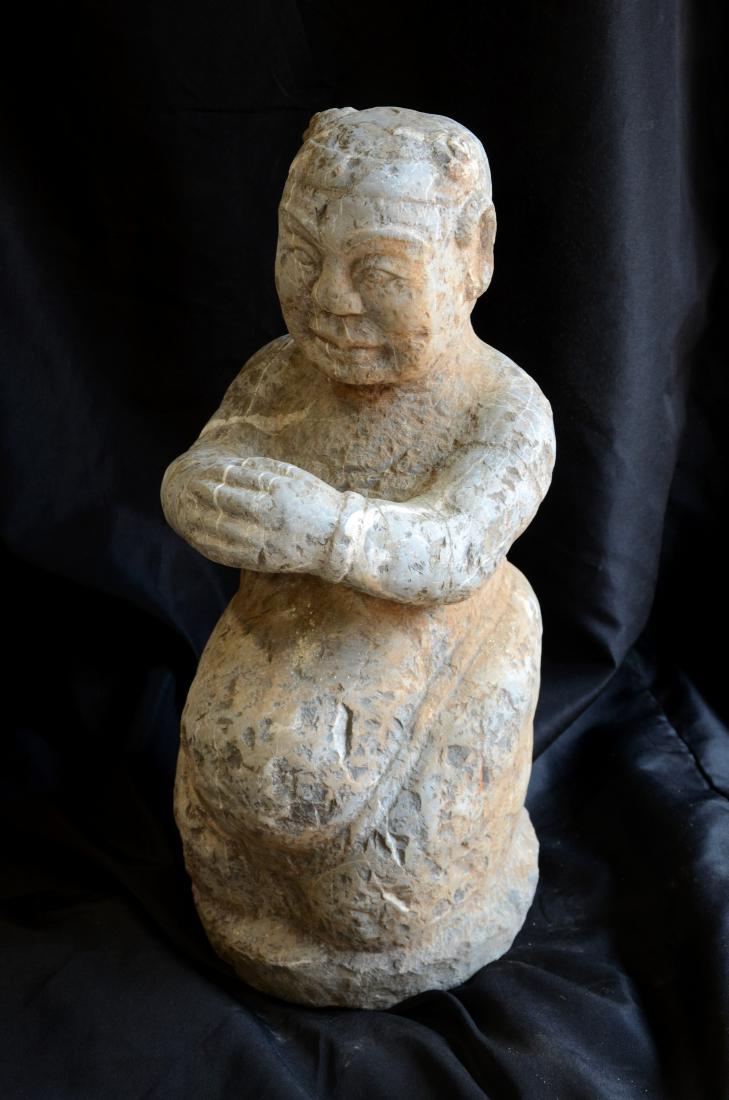 Asian Carved Stone Garden Figure: Asian carved stone garden figure of man with clasped hands, 19-1/2"h