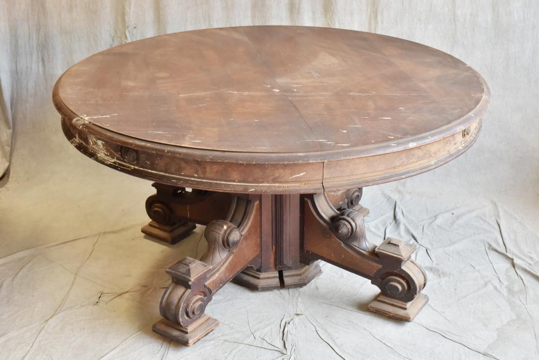 Walnut Victorian split pedestal round dining table: Walnut Victorian split pedestal round dining table, 60"diameter, Seven 19"w boards, barn finish
