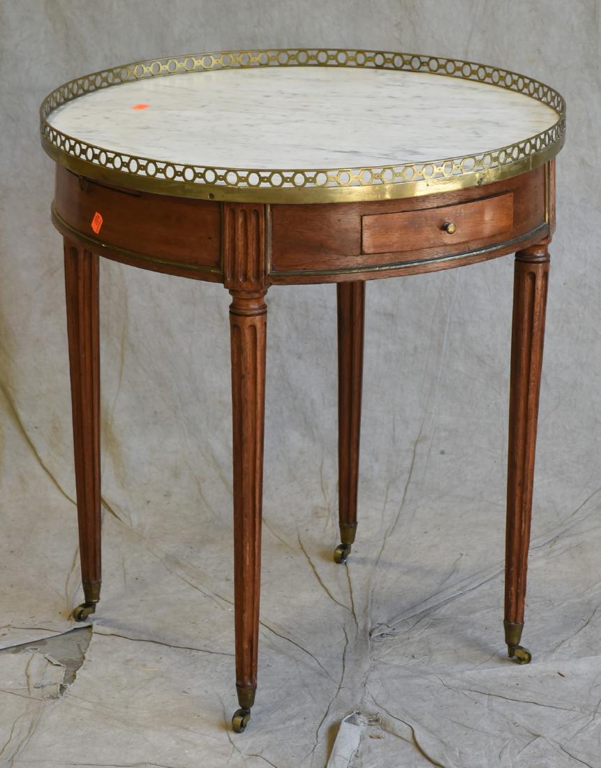 Louis XVI style marble top gueridon, 19th c: Louis XVI style marble top gueridon, 19th c, bronze pierced gallery, drawer, pull out slides, 28-1/4"h x 26"diameter