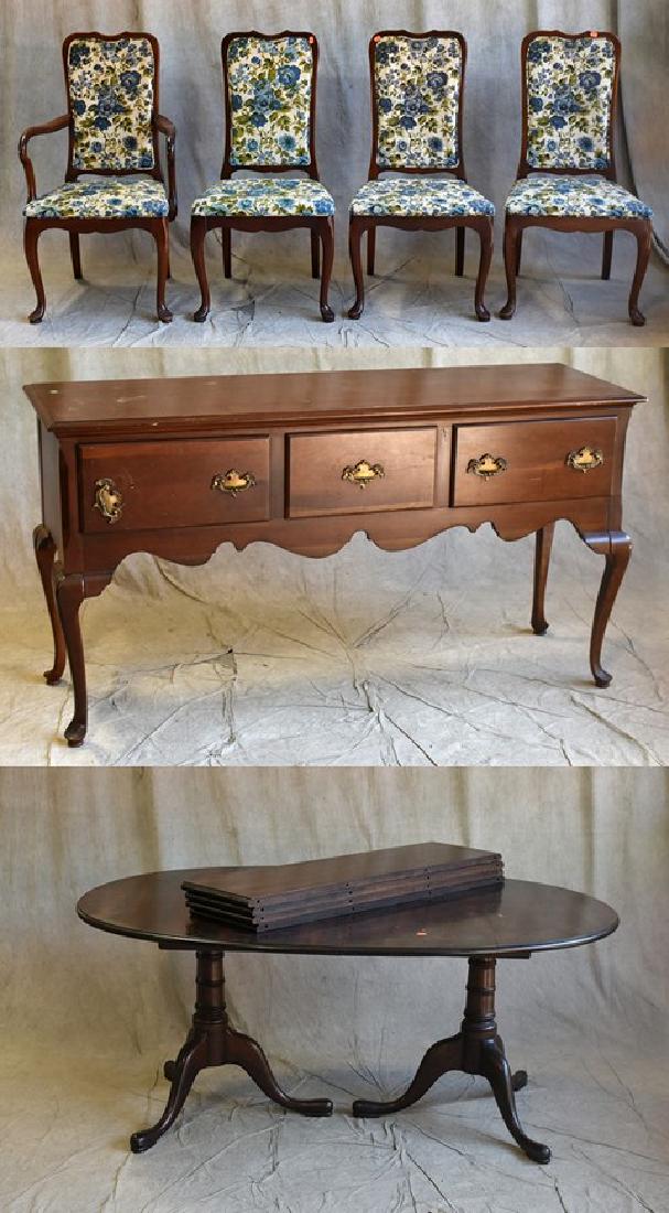 (6) pc QA style walnut dining set: (6) pc cherry QA style dining set, c/o double pedestal dining table, (4) floral upholstered dining chairs, sideboard, table 29"h x 64"w x 44"d, four 12"w boards