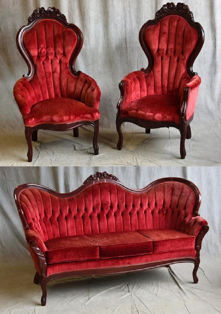 (3) pc Victorian style parlor set: (3) pc Victorian style parlor set, tufted velvet upholstery, c/o settee, man's/lady's armchairs, settee 41"h, seat height 20"h, Some white paint drippings on the sofa along the crown has made its way 