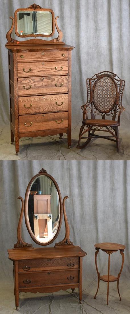(2) pc Oak tall and princess chests, wicker rocker,: Victorian oak tall chest, princess bureau, each with mirrors, Victorian wicker rocker, oak clover lamp table, , high chest 73"h x 31-1/2"w x 18"d