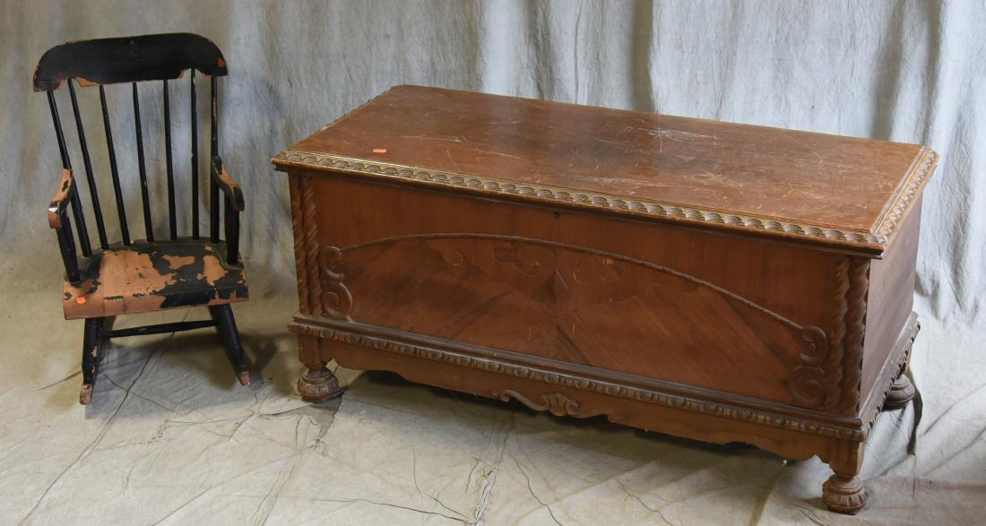 Walnut cedar chest, painted childs Windsor rocking: Walnut cedar chest, painted childs Windsor rocking chair, 22"h x 48-1/2"w