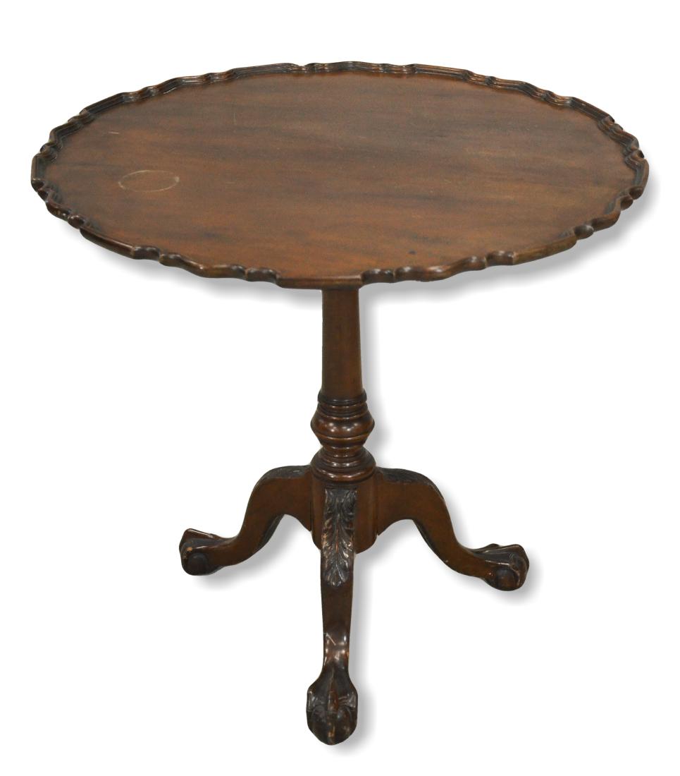 Mahogany Philadelphia Chippendale style pie crust tilt: Mahogany Philadelphia Chippendale style pie crust tilt top tea table, 20th c, 32-1/2"diam x 30"h, some surface defects on top