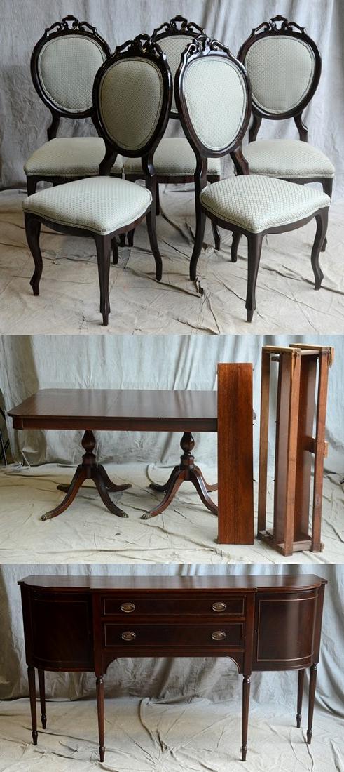 (7) pc Mahogany dining set: (7) pc Mahogany dining set, c/o 5 dining chairs with turquoise upholstery, double pedestal dining table, mahogany sideboard, table 30"h x 63"w x 45"d, three 8-3/4"w boards