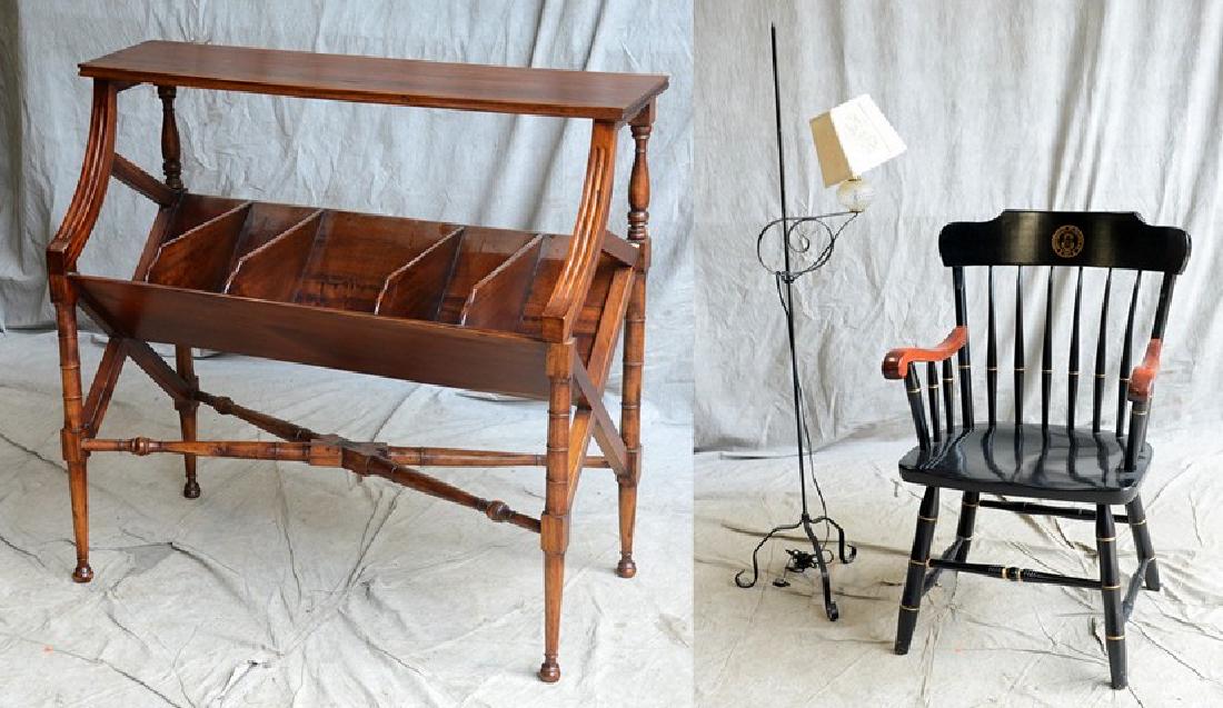 Mahogany Sheraton style magazine rack, black metal: Mahogany Sheraton style magazine rack, black metal floor lamp, University of Michigan Windsor chair, rack 34"h x 36"w x 17"d