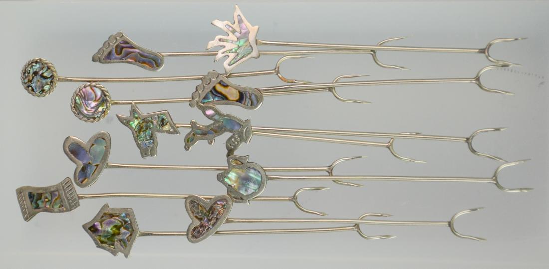 (12) Alpaca Abalone Cocktail Forks: (12) Alpaca silver with abalone inlay cocktail forks, 4" - 4-1/4" l