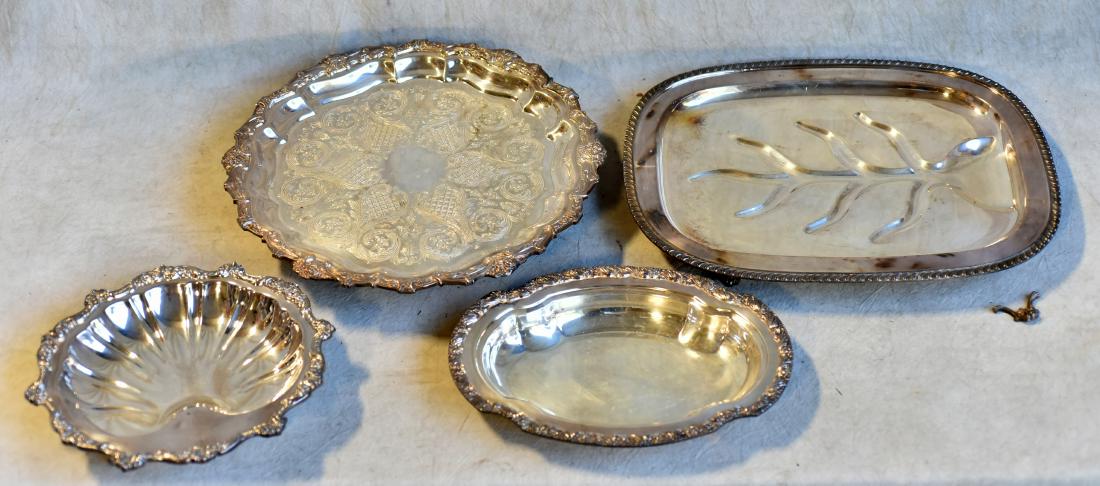 Silverplate Items: Rogers Silverplate Meat Platter Tree of Life (Leg is Broken), Silverplate Lazy Susan, Oval Serving Tray, Poole Shell Serving Bowl