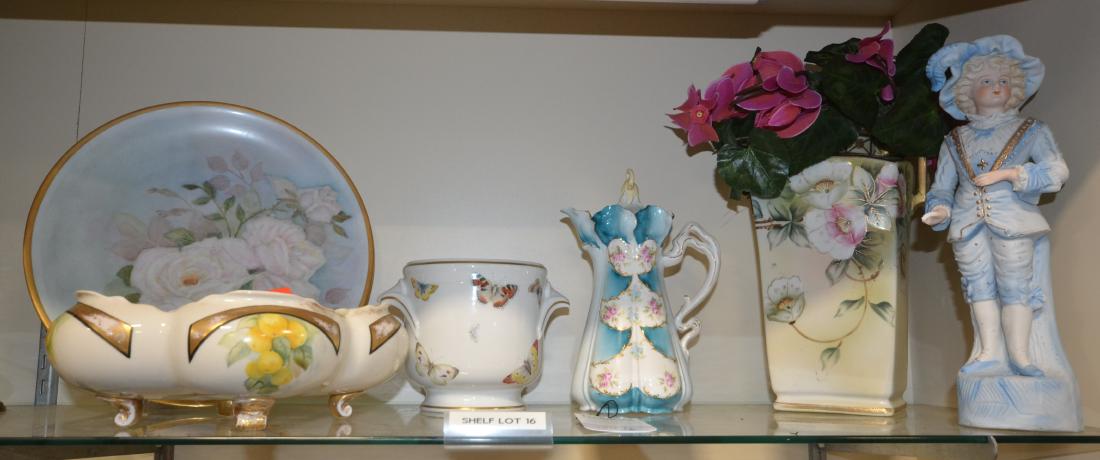 Shelf #16 - Porcelain Vase, Bowl, Plate: Shelf #16 - Floral Decorated Nippon Vase with Blue Stamp, Hand Painted Peach Bowl, Floral Bavaria Plate, Butterfly Limoges Bowl, Floral Chocolate Pot, Bisque Figure of Boy (Broken Hand)