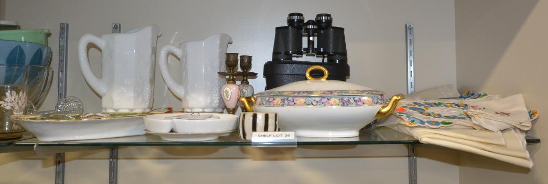 Shelf #26 - Gold Filled Glasses, Binoculars, Porcelain: Shelf #26 - Artcraft Gold Filled Glasses, B & L Gold Filled Glasses, Carton Binoculars, (2) Milk Glass Pitchers with Grape and Leaf Decoration, Pair Brass and Porcelain Candlesticks Signed L. Henry, H