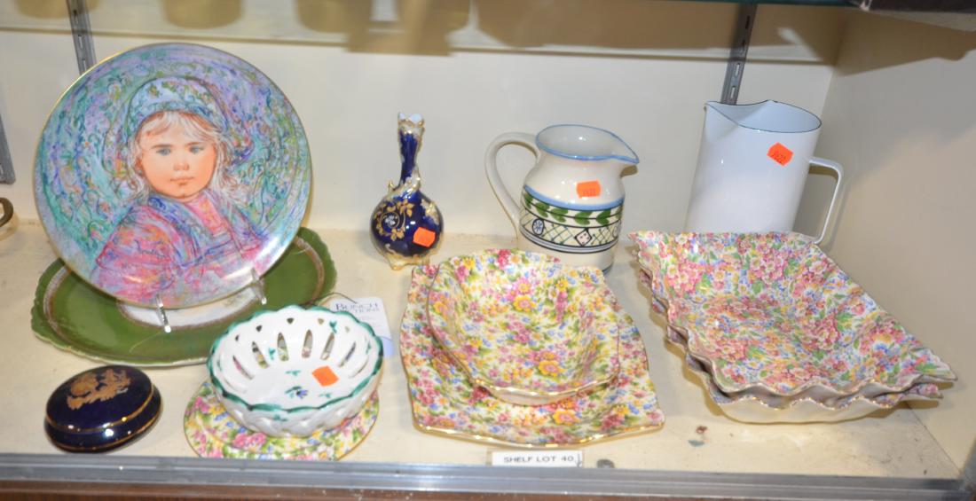 Shelf #40 - Porcelain Dishes and Bowls: Shelf #40 - (2) James Kent Serving Dishes, (3) Royal Winton Grimwades Cheadle Pattern Including Serving Dish, Serving Bowl and Trivet, Gmundner Reticulated Bowl, Edna Hibel Plate, Hartstone Pitcher, W