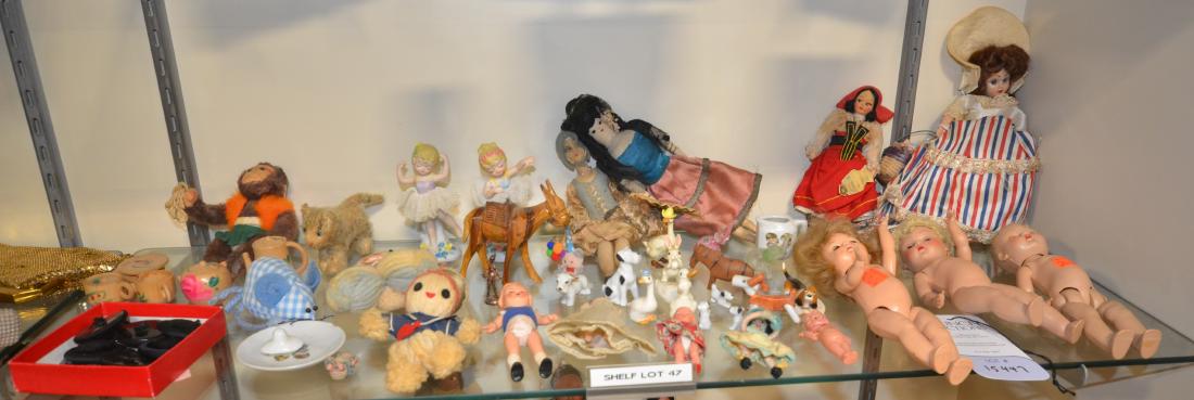 Shelf #47 - Dolls and Stuffed Animals: Shelf #47 - Vogue Dolls, Stuffed Tiger Toy, Stuffed Monkey, Vintage Buttons, Cloth Dolls, Porcelain Dolls