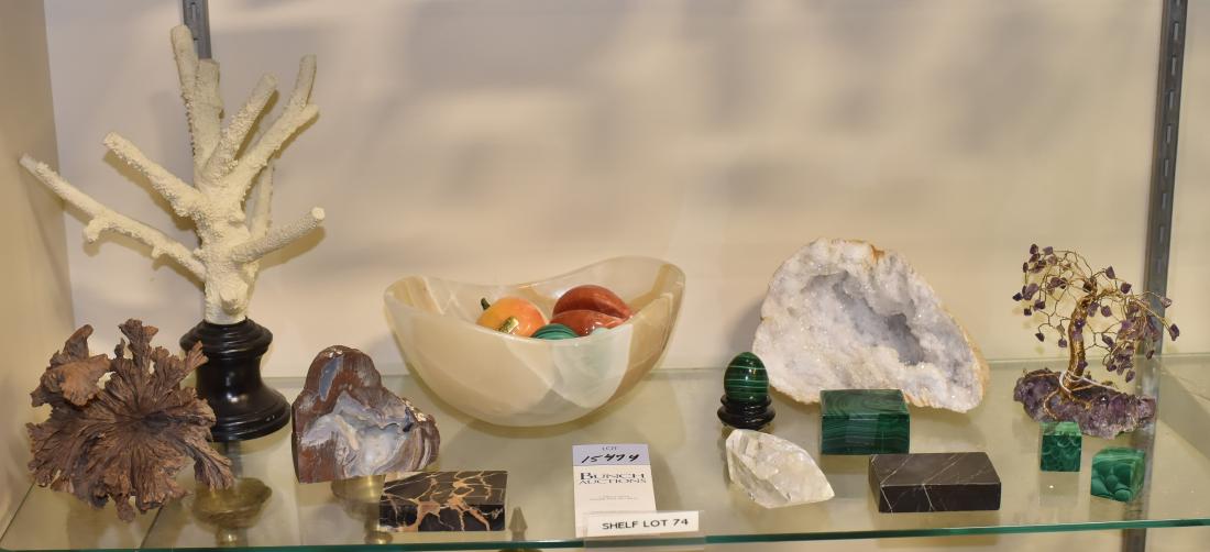 Shelf #74 - Stones: Shelf #74 - Stones, including stone fruit, amethyst tree, geodes, malachite, quartz, marble, faux coral