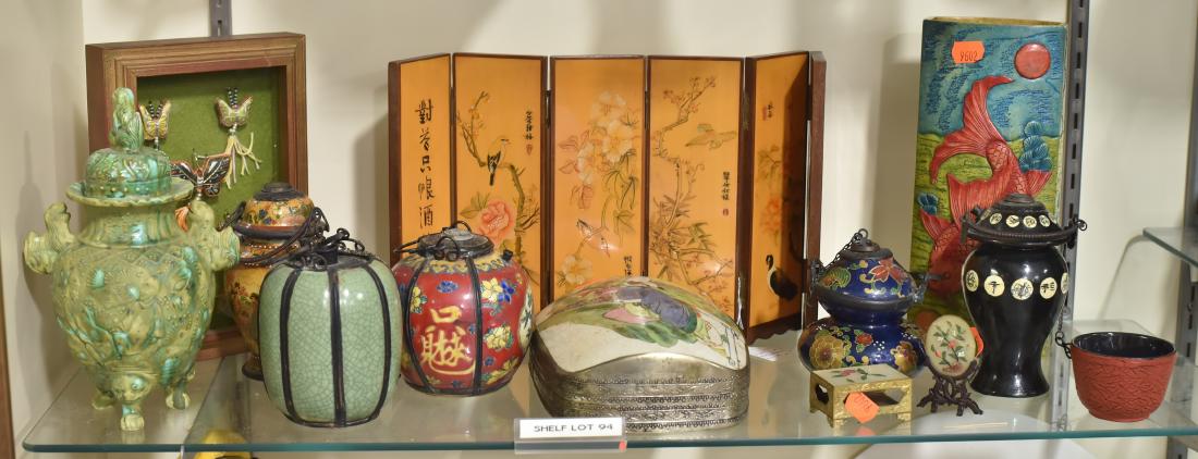 Shelf #94 - (13) Asian Pieces: Shelf #94 - (13) Asian pcs. c/o metal box with porcelain shard, fish motif vase, framed embroidered butterflies, mini 6-panel table screen, covered jar, metal pot and 5 porcelain opium pipes, match ho