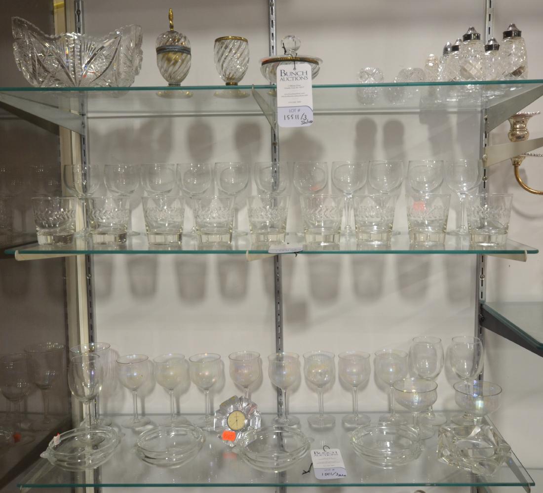 Glassware Lot: Glassware to Include French Brass and Glass Smoking Set (Lighter, Cigarette Holder, Ashtray), (4) Frosted Candy Dishes, Ashtray, Wine Glasses, Tumblers, Cut Glass Dish, Orrefors Crystal Clock, Salt Ce