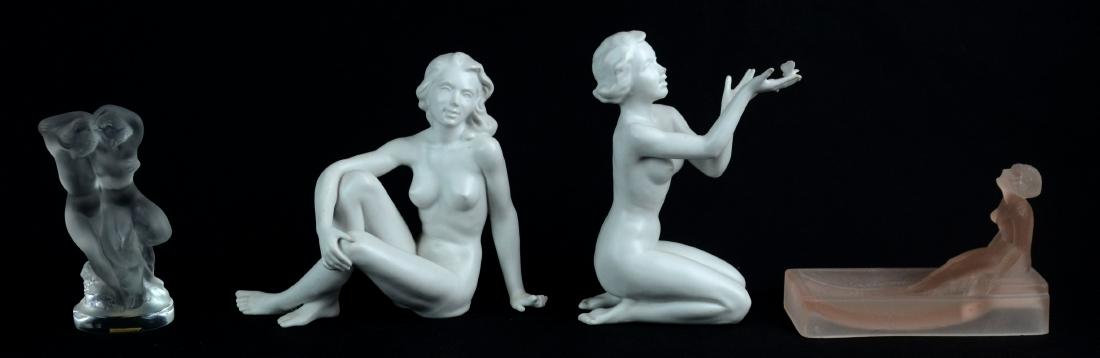 Nude Female Woman Lot: Lalique Two Nude Women Sculpture With Paper Label (5-1/2" h), Art Deco Pink Frosted Pink Lady Soap Dish, (2) White Ceramic Ladies, One Signed Alka (Both with Wear to Noses, One with Broken Finger