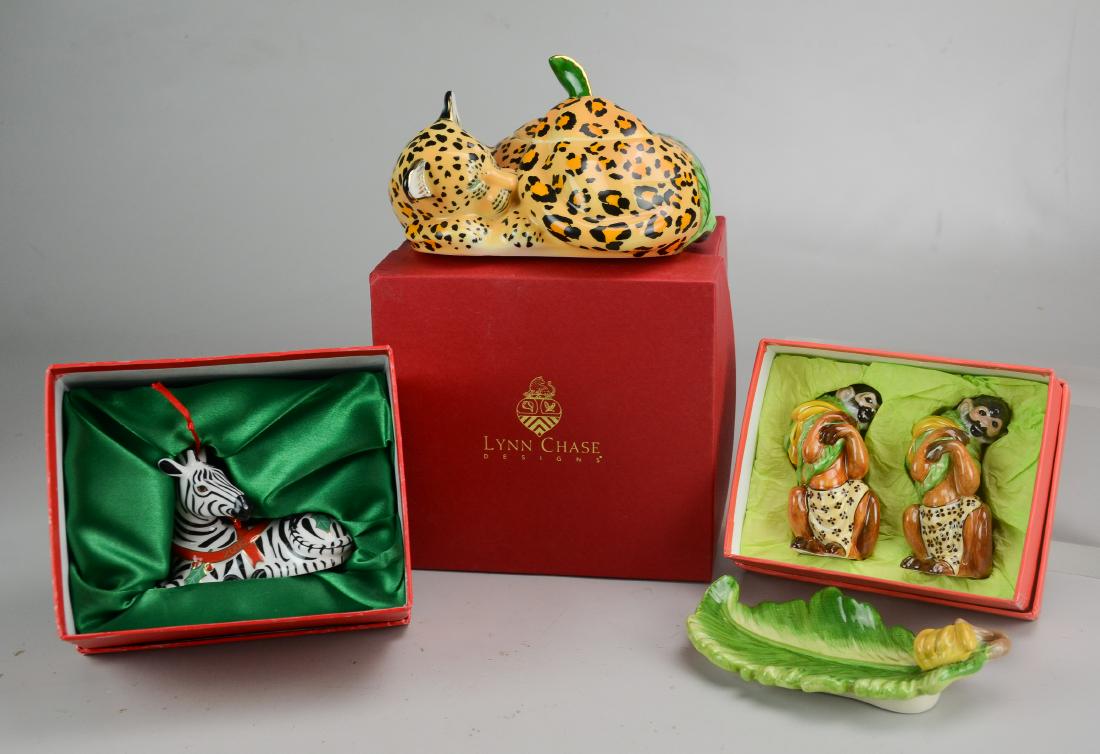 ,(3) Pieces Lynn Chase Porcelain: (3) Pieces Lynn Chase porcelain, c/o pr Monkey Business shakers with under tray, Jaguar Jungle covered box, zebra 2005 Christmas ornament, largest 7" x 5" x 4" h