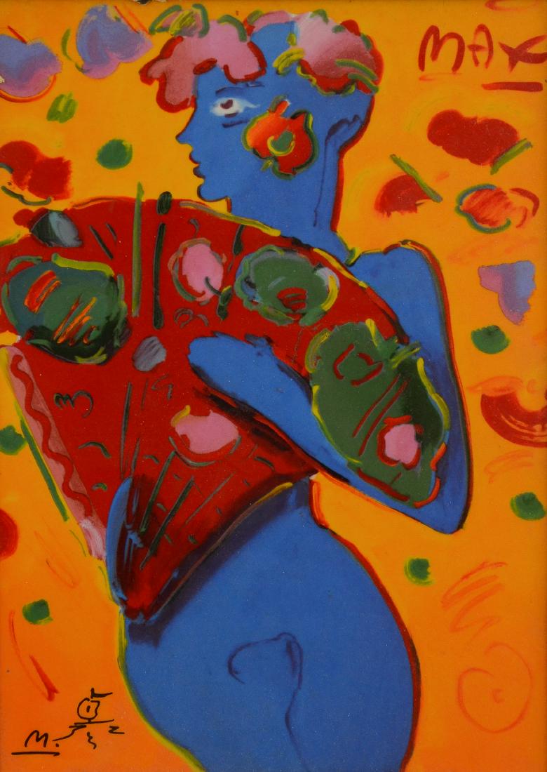Peter Max Ceramic Plaque Fan Dancer: Peter Max Ceramic Plaque Fan Dancer with Certificate of Authenticity by The Franklin Mint (16-1/4" h x 13-3/4" with Plaque Measuring 10-1/2" h x 7-1/2" w)