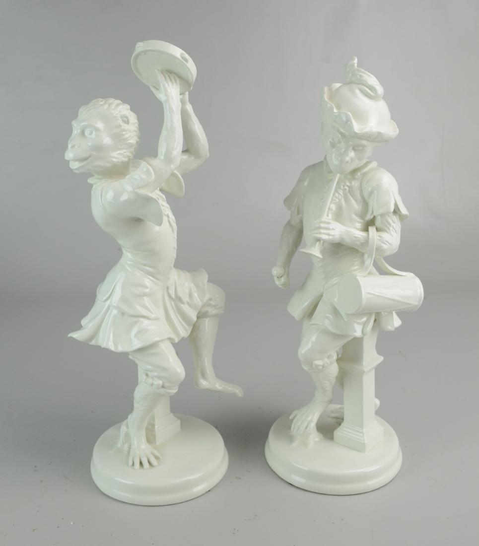 (2) Mottahedeh Repro Monkey Figures: (2) Mottahedeh Museum Reproduction monkey figurines, one with tambourine, one with horn & drum, tallest 16"
