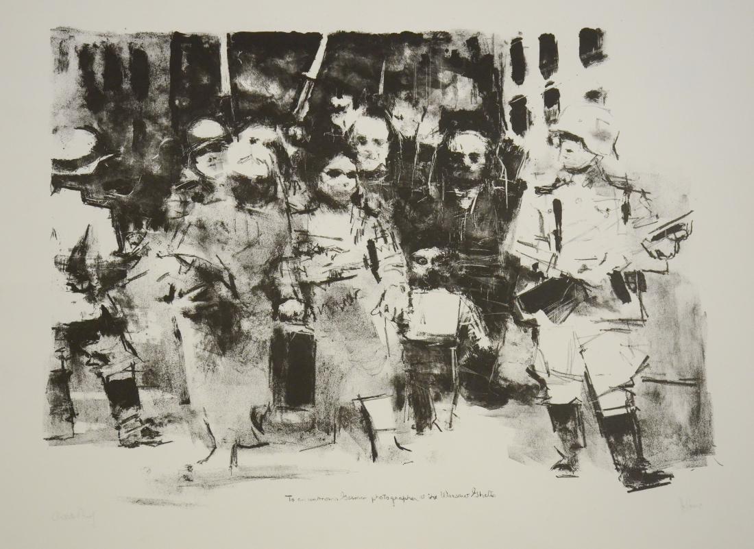 Jack Levine Lithograph "Warsaw Ghetto": Jack Levine (American, 1915-2020) lithograph "Warsaw Ghetto", inscribed in plate "To an Unknown German Photographer at the Warsaw Ghetto", pencil signed "J. Levine", artist proof, 18-1/2" x 25" plate,