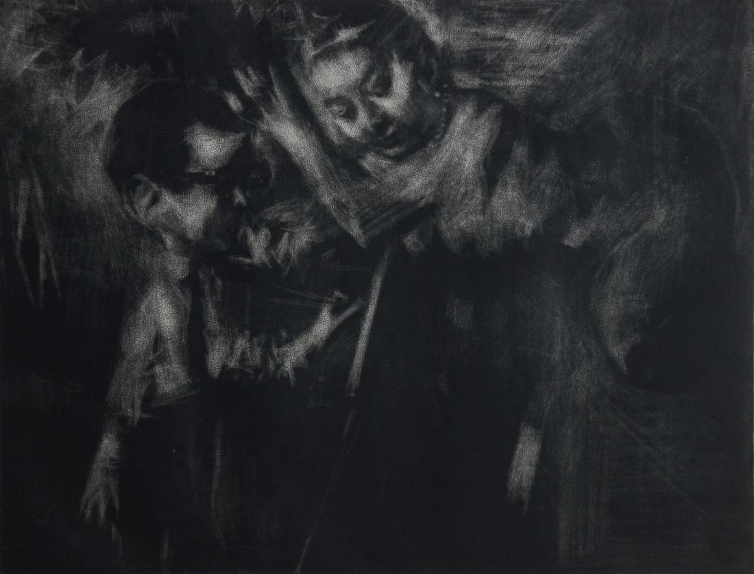 Jack Levine Lithograph "Self Portrait with Muse": Jack Levine (American, 1915-2020) lithograph "Self Portrait with Muse", pencil signed "J. Levine", trial proof, 9-7/8" x 12-7/8 plate, 14-7/8" x 20-5/8" sheet, very good condition