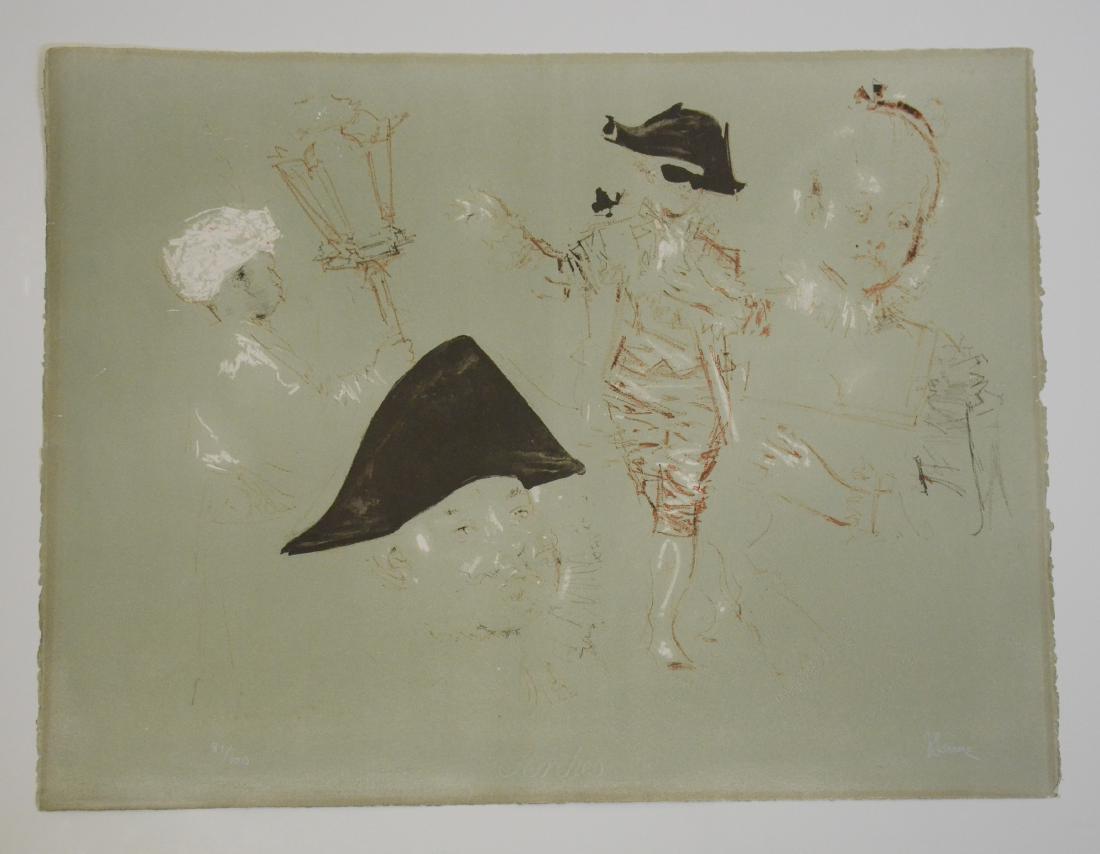 Jack Levine "Je Me Souviens de M. Watteau": Jack Levine (American, 1915-2010) "Je Me Souviens de M. Watteau", lithograph in colors, signed "J. Levine", edition 81/100, 19-3/4" x 26" sheet, good condition, mat burn around edges