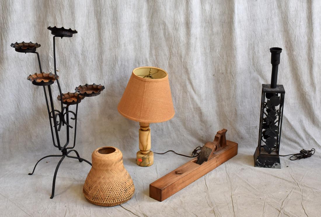 Plant Stand, Lamps and Plane: Black Metal Plant Stand, Creave and Sons Wood Plane, Black Leaf Metal Lamp, Alabaster Lamp (Tallest 33-1/4" h)