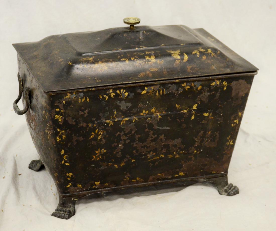 Tole Chinoiserie decorated cellarette: Tole Chinoiserie decorated cellarette, ebonized with gilt leaf decoration, handles with leaf decoration, paw feet, 15"h x 22"w x 15"d