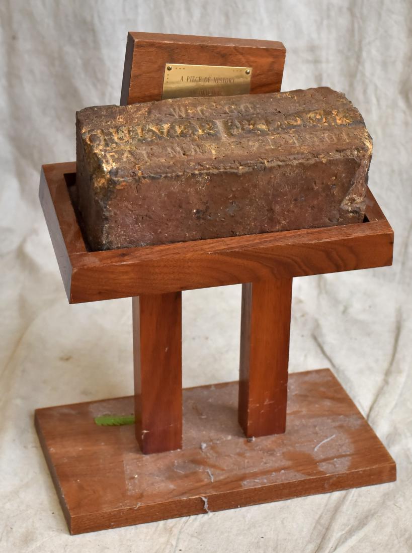 Indy 500 Indianapolis Motor Speedway Original Brick: Indy 500 Indianapolis Motor Speedway Original Brick, Marked W.C. Co, Culver Block, Pat, May 21, 1901 with Accompanying Plaque Stating: "A Piece of History; An Original Indianapolis Speedway Brick" Wit