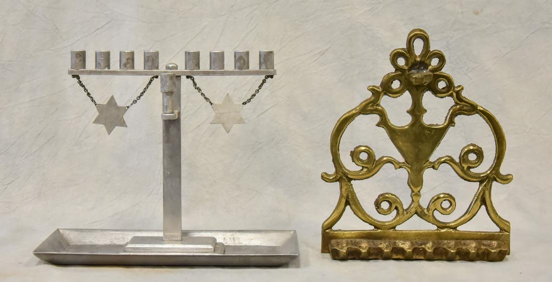 Two Menorahs: Aluminum Menorah Adorned with Two Stars of David with Tray (7" l x 2" w x 7" h without Tray), and Brass Oil Menorah