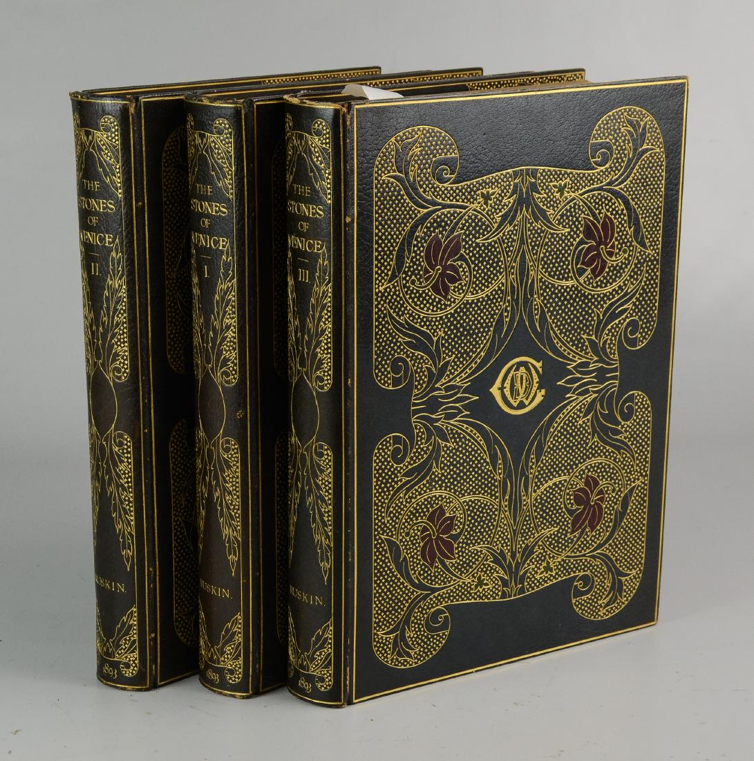 John Ruskin, "The Stone of Venice": John Ruskin, "The Stone of Venice" (London, George Allen 1893); 3 vols; each volume clothed in gorgeous art nouveau morocco binding (Morrell); 5th edition, illustrated by the author