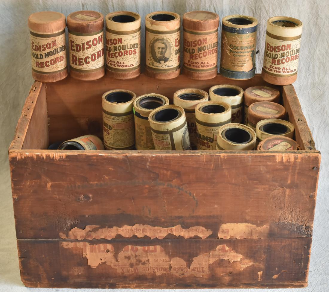 (50) Edison Amberol Cylinder Records w Phonograph Crate: (50) Edison Amberol Cylinder Records with Phonograph Crate Hoboken NJ (19-1/4" l x 13" w x 10-1/2" h)