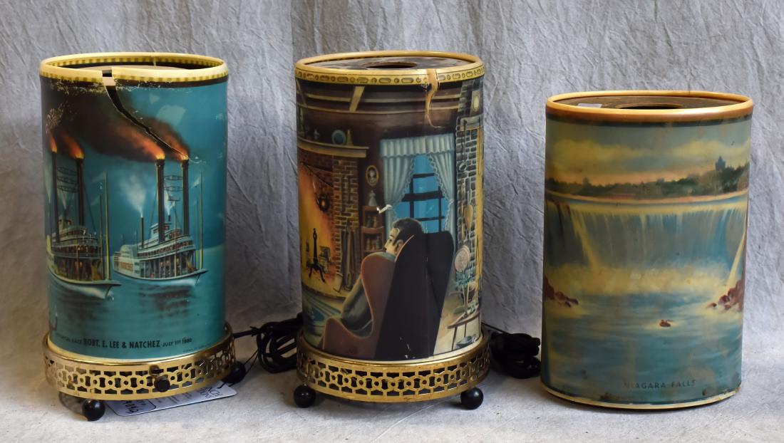 (2) Econolite Motion Lamps and (1) Niagara Falls Shade: (2) Econolite Corporation Motion Light Including Man at Fireplace (Damage to Shade) and Robert Lee and Natchez Ship (Damages to Shade), (Both Lights Work , Does Not Rotate), Econolite Shade Only Niaga