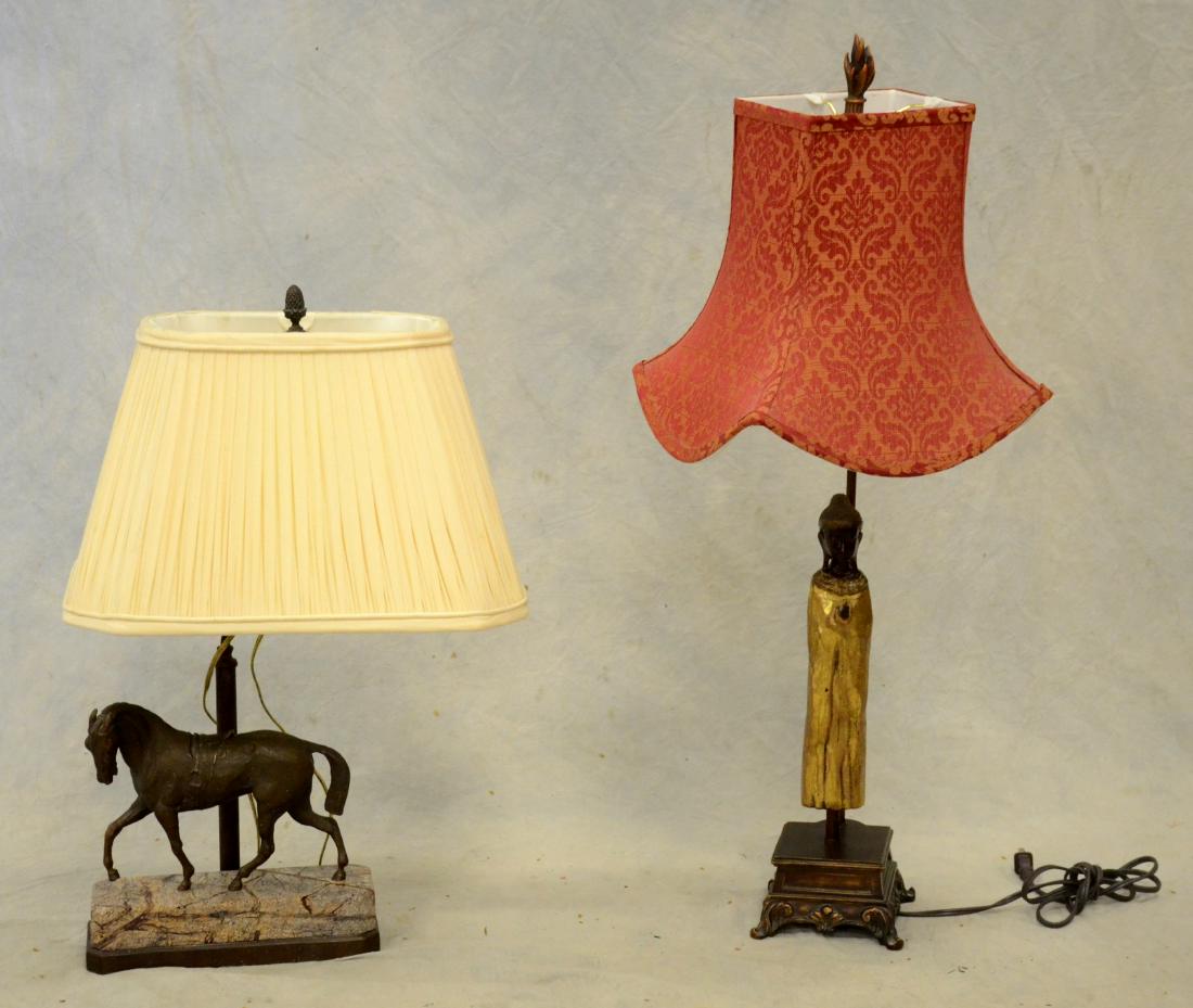 (2) figural lamps: (2) figural lamps, c/o one with bronze horse on marble stand, marked Theodore Alexander, second lamp with gilt painted deity, largest 33"h