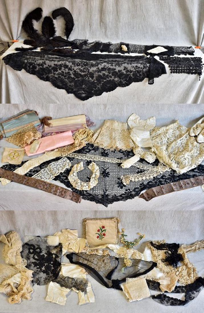 Antique Trim and Lace Grouping: Antique trim and lace grouping to include several bundles of antique trim, net lace, jacquard trim, irish crochet, bits of satin, small embroidered panel, cotton cuffs, large collar, edwardian lace ho