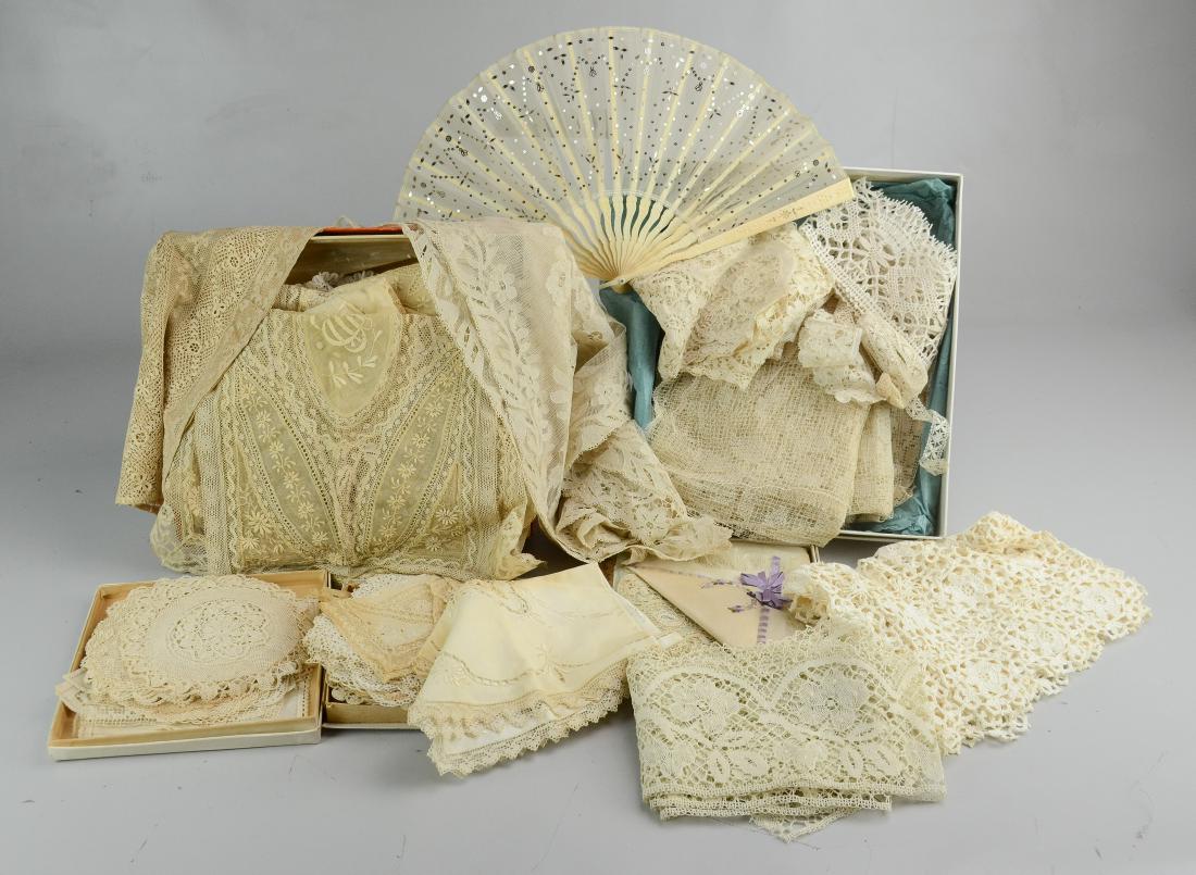 30+ Piece Antique Lace Grouping: Antique lace grouping to include (70) hand crochet lace and lace on net doilies, (1) hand embroidered silk sachet, 90" lace on net table runner, 41" handmade lace collar, 96" scalloped floral crochet