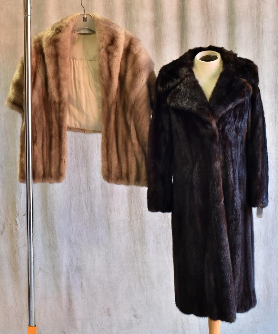 Nathan Miller Mink Coat and Shawl: (2) piece mink grouping to include grey mink shawl with wide collar lined in silk and deep brown mink swing coat with wide standing collar, flared sleeves and silk lining. Both by Nathan Miller Philad