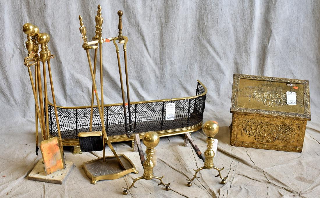 Brass fireplace tools/stands, kindling box, fender,: Brass fireplace equipment, c/o 2 sets tools/stands, kindling box, wire and brass fireplace fender, early ball top andirons