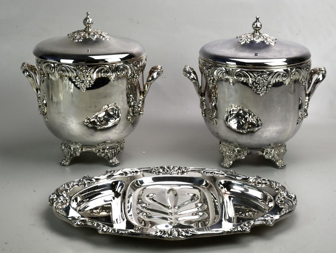 (3) Pcs Reed & Barton King Francis: (3) Pieces Reed & Barton silver plate, King Francis pattern, c/o divided tree & well platter 16-1/2" x 12-1/4", (2) footed double handled ice buckets (one with milk glass insert), 11" h