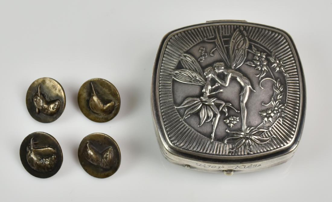 (4) Sterling Silver Buttons and Silverplate Compact: (4) Sterling Silver Buttons Signed Bishop, Silverplate Djer Kiss Fairy Compact