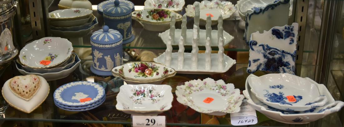 Shelf #29 - Porcelain: Shelf #29 - Porcelain, including Wedgwood blue & white Jasperware, Cybis, Vista Alegre, S&T RS Germany, Royal Albert, Royal Copenhagen, Stoke on Trent