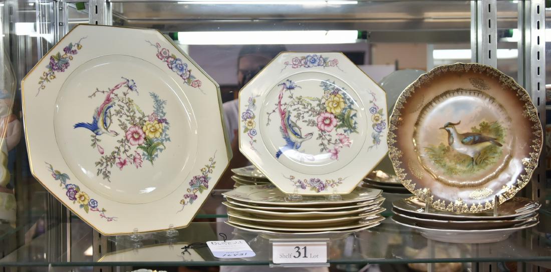 Shelf #31 - Porcelain Dinnerware: Shelf #31 - Porcelain dinnerware, c/o Rosenthal Phoenix octagonal platter & 7 plates, 4 Carl Tielsch (CT) game plates