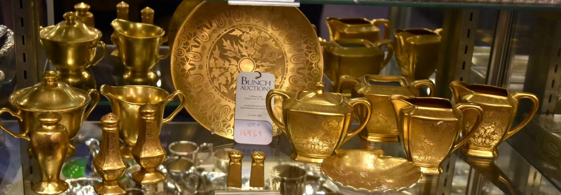 Shelf #69 - Gold Bavaria Plate Signed Osborne, Pickard: Shelf #69 - Gold Bavaria Plate Signed Osborne, Pickard China Including Sugars and Creamers (One Missing Lid), Salt and Pepper Shakers, Shell Dish