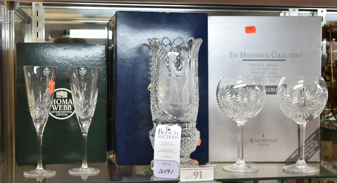 Shelf #91 - Waterford & Webb Crystal: Shelf #91 - (5) Pieces of crystal, c/o Waterford Romeo & Juliet vase, pair of Waterford Millennium Collection "Health" toasting goblets, pair of Thomas Webb International Crystal champagne flutes, all